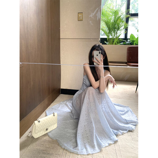 YIOU法式蓝色方领吊带连衣裙女夏季度假裙修身收腰裙子温柔风3294 蓝色长裙 S