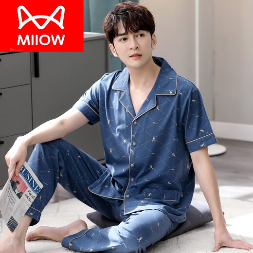 猫人（MiiOW）睡衣男夏季纯棉短袖长裤男士全棉薄款夏天大码半袖男款家居服 9864深蓝 XL (175)：适合140-160斤穿着