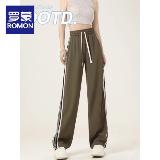 罗蒙（ROMON）海岛绿纯棉阔腿裤女夏季薄款2025高腰垂感休闲窄版显瘦运动直筒裤 687#经典黑【小个子】 【纯棉面 S 【建议90斤以下】