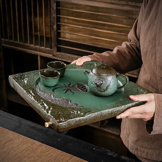 XMSJ窑变粗陶功夫茶具套装家用陶瓷排水茶盘办公室干泡盘茶台茶 12023茶盘+直把壶茶具套装+六君
