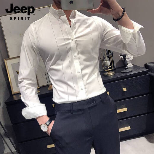 JEEP SPIRIT spring slim shirt men's new style anti-wrinkle long-sleeved striped casual white shirt business formal CS70 striped white long-sleeved M (100-115Jin Jin equals 0.5 kg)