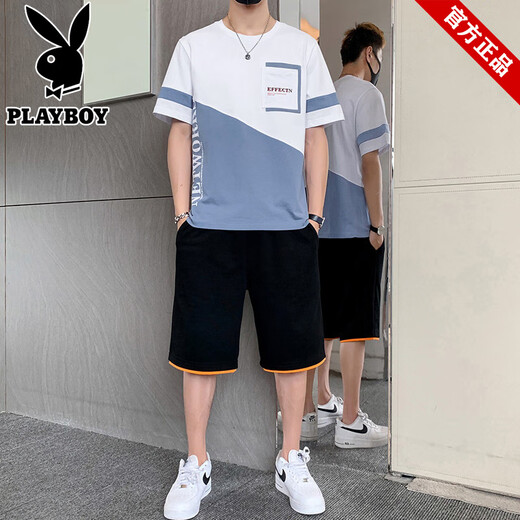 Playboy brand men's short-sleeved T-shirt in summer new trendy round neck ice silk fashion sports suit loose versatile shorts 22022+2099 black M