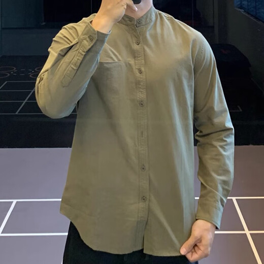 IRONTRAP urban commuting Japanese retro Henry collar cotton shirt long-sleeved T-shirt men's shirt casual bottoming autumn and winter black one size 2XL