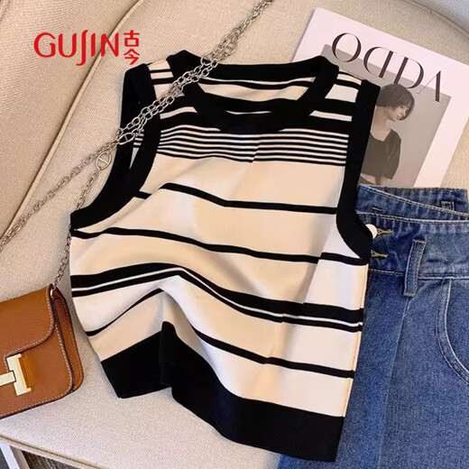 Ancient and Modern (GUJIN) [Contrast Color Stripes] Knitted Small Slings for Women in Spring and Autumn Underwear Base Shirt Niche Sleeveless Short Top