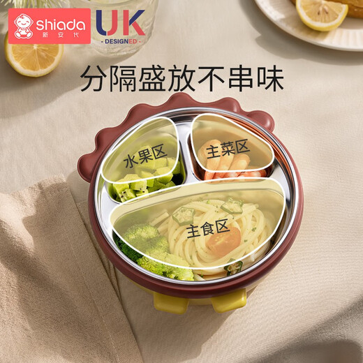 Xin'an Time Baby's Dining Plate Divided Water Insulation Bowl Anti-fall Baby Supplementary Bowl Suction Cup Stainless Steel Learn to Eat Children's Tableware Green Dinosaur + Chopsticks + Stainless Steel Fork Spoon