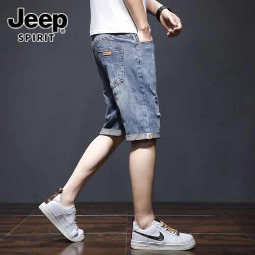 
JEEP SPIRIT Jeep denim shorts men's summer thin loose trendy brand five-point mid-pants Korean style trendy ripped elastic 5-point short 689 blue ripped model 38 [(2 feet 9) Weight 175-195Jin [Jin equals 0.5 kg]]