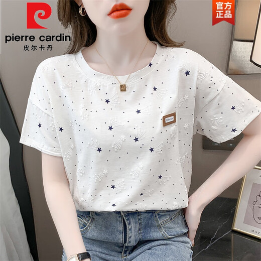 
Pierre cardin pure cotton printed T-shirt for women short-sleeved summer 2025 new loose print design versatile T-shirt top trend 1396 white + 315 blue plaid S suitable for 80-98 Jin [Jin equals 0.5 kg]