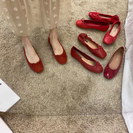 Jingpufei bow with shallow mouth flat single shoes women's ballet shoes red 2025 J683-4 red 40