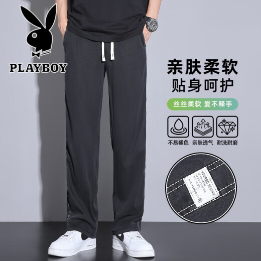 花花公子（PLAYBOY）天丝休闲裤男士夏季宽松直筒裤2025春秋新款百搭弹力运动男式长裤 1048灰色 M 28-29码