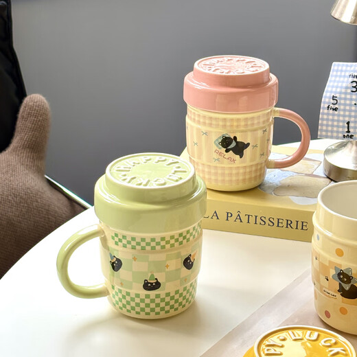 Sheli Cute Cat Ceramic Mug Birthday Gift Breakfast Cup with Lid Home Office Drinking Cup Souvenir Sleeping Cat 460ML-Pink Lid Design with Lid | Exquisite Color Box