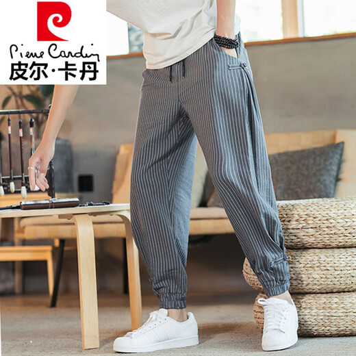 皮尔卡丹（pierre cardin）亚麻裤男夏季薄款九分裤宽松束脚哈伦裤中国风男裤条纹棉麻休闲裤 MK983白色 XL (130-145斤)