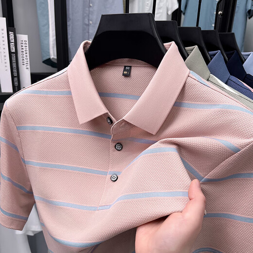 Kangaroo (DaiShu) short-sleeved T-shirt for men 2025 summer trendy striped lapel half-sleeved business casual loose large-size top middle-aged AN15100 light sky blue L