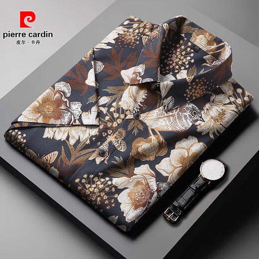 皮尔卡丹（pierre cardin）花衬衫男短袖夏季冰丝感大码胖子加肥加大衬衣休闲特大号上衣 9207黑色 L 120-140斤