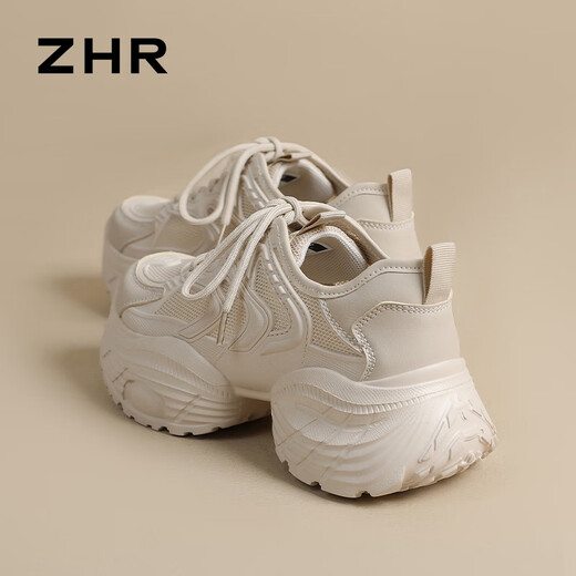 ZHR dad shoes for women in summer thick sole heightened casual shoes for women mesh breathable and lightweight women's shoes G755E apricot color 37