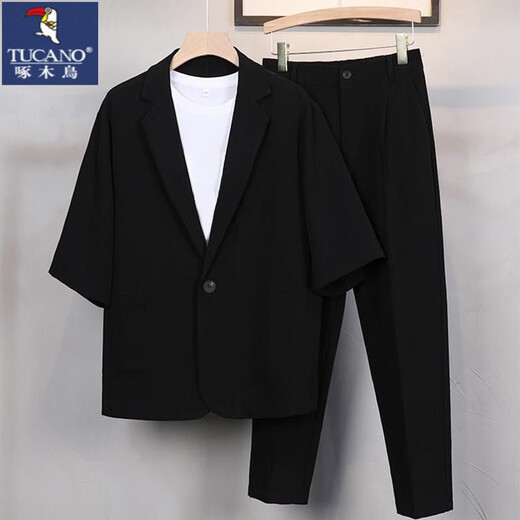 啄木鸟（TUCANO）结婚礼服微胖男生显瘦穿搭夏季短袖西服套装男大码半袖小西服男装 黑色西服+白色短T恤+黑色裤子 5XL 建议180-210斤穿