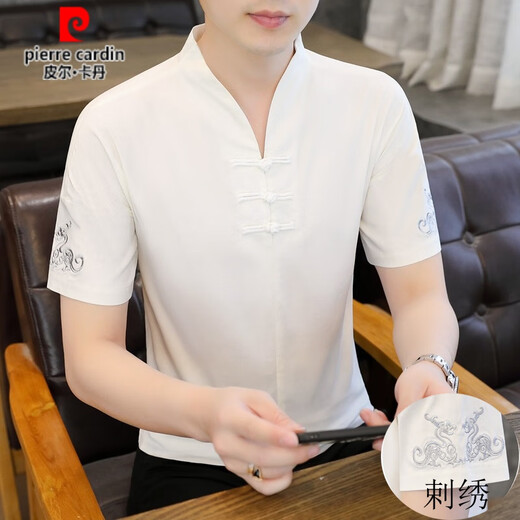 皮尔卡丹（pierre cardin）夏季唐装男短袖t恤中国风盘扣衬衫汉服宽松大码汉服仿棉麻民族风 黑色9871盘扣短袖 L