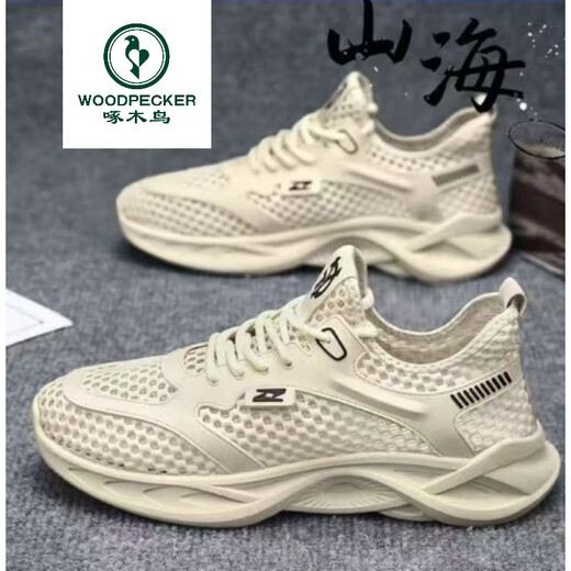 
Woodpecker Spring Men's New Mesh Breathable Casual Shoes Hollow Comfort Men's Shoes Mesh Shoes Unslip Soft Sole Sports Driving Shoes 898m White 39