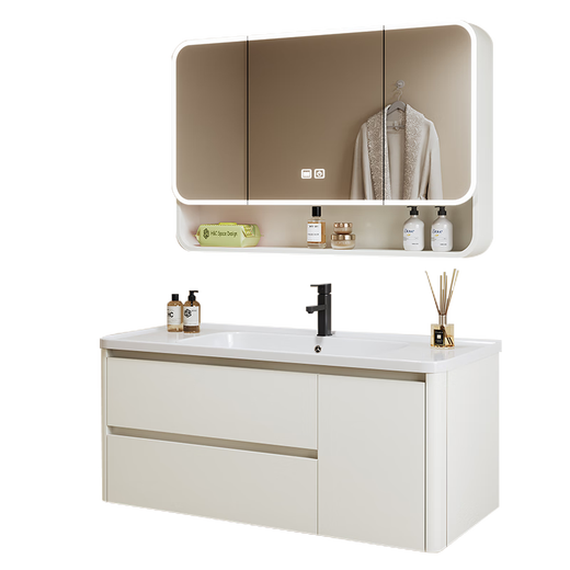 Katif Space Honeycomb Gabinete de baño de aluminio Mesa de lavado engrosado de cerámica Integrado lavado de baño Batio de baño Juego de gabinete de baño con [Arc Smart Mirror Mirror] F701