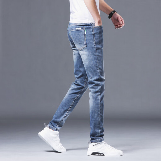 2025 Summer delgado jeans azul claro para hombres delgados pies delgados de alta gama Versátiles de pantalones largos casuales 1048 pies azules claros delgados 28 cintura 2 pies 1 1