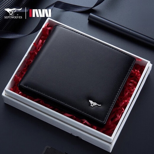 Seven Wolf Wallet Men's Genuine Leather Wallet Gifts for Boyfriend Thin Style College Student New 2025 Trendy Brand Coin Wallet Men's Wolf Label Classic - Red and Brown