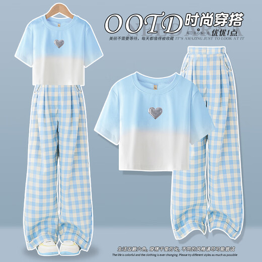 优优1点（Yoyo one）女童夏季套装2025年新款洋气时髦儿童短袖中大童多巴胺夏装两件套 18848白色+15266蓝色 170 170cm