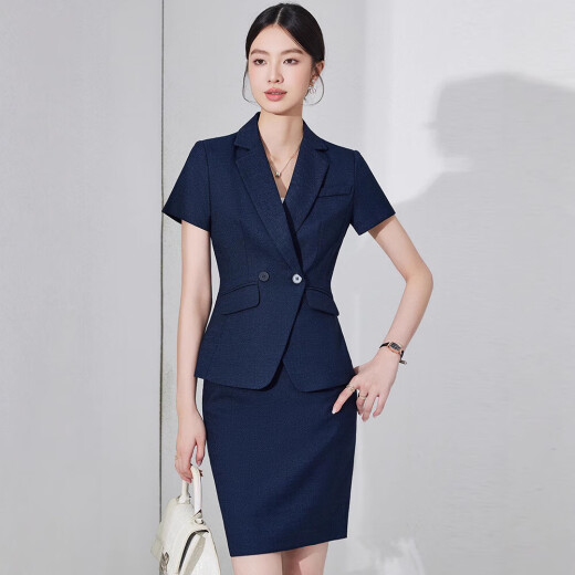Summer Profesional Traje de cuello de traje pequeño de manga corta para mujeres Nuevo estilo Hotel Recepción delantera ropa de trabajo Formal Winist Trabajo de estilo nuevo Traje negro + pantalones (JY6210) 2xl