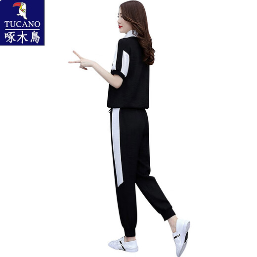 啄木鸟冰丝跑步运动女套装2025年夏季新款健身速干时尚显瘦休闲两件套 【1389】黑色 L【建议100-110斤】