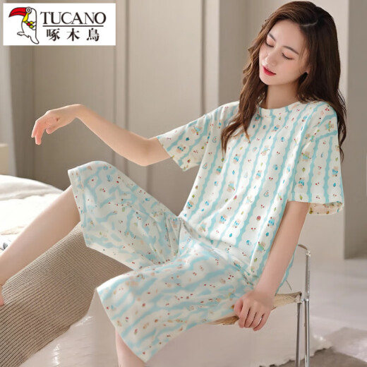 Specht Summer Pyjamas Frauen 2025 Neue Kurzarm-Kumpel Hosen Set Summer Dünn Frauen niedlicher Cartoon Home Anzug Kurzarm geschnittene Hosen-679 L Empfohlen 100-120jin [Jin gleich 0,5 kg]