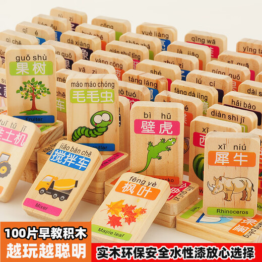 Toys pour enfants en bois Beyzk pour garçons et filles 2-3-6 ans, âgés de 100 blocs d'alphabétisation Domino Blocys 100 morceaux de Domino + Macaron 18 trous Intelligent Car Intelligent