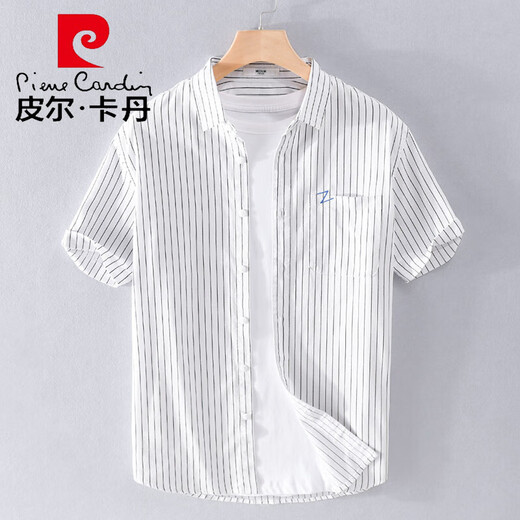 皮尔卡丹（pierre cardin）男士条纹短袖衬衫夏季薄款衣服纯棉刺绣时尚休闲百搭衬衣夏装针织 9740白色 XL 130斤左右