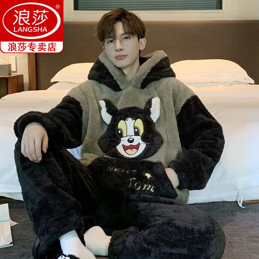浪莎（langsha）男士睡衣男珊瑚绒冬季学生卡通宽松冬天法兰绒加厚加绒家居服套装 *ZS*9903【双面长毛绒套装】 M 小号(75-95斤)