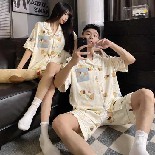 雅鹿情侣睡衣男女款夏季短袖加大码加肥卡通小狗薄款家居服可外穿套装 MJ-S761#米其双短(女图) M 75-95斤