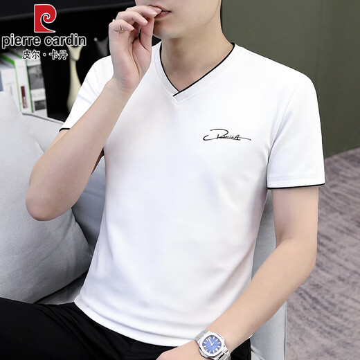 皮尔卡丹（pierre cardin）白色v领短袖t恤男士青年棉印花字母上衣韩版打底 D7029白色V领短袖  M 建议90-115斤