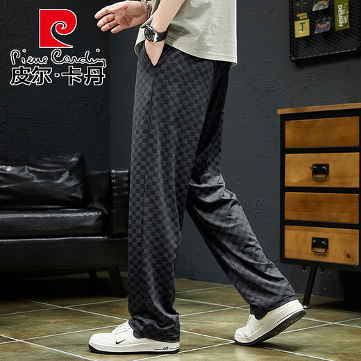 
Pierre cardin 2025 checkerboard pants men's summer straight loose large size ice silk pants men's fat strength wide-leg sports pants 9905 gray XL (size 32-33)