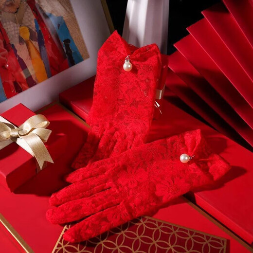 Farasha Bride Toast Guantes de boda Guantes de encaje corto para mujeres Red Fotografía Fotografía Foto de cumpleaños Guantes de guantes de encaje corto alrededor de 23 todo tamaño