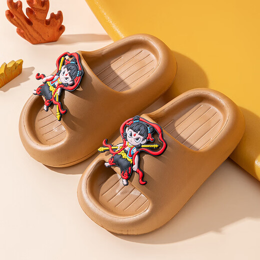 Nezha EVA children's slippers for boys and girls in summer cartoon bathing home bathroom non-slip outdoor baby sandals EVA environmentally friendly soft upgraded version Khaki 36 inner length 20.5cm/small size