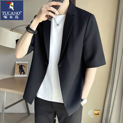 啄木鸟（TUCANO）结婚礼服微胖男生显瘦穿搭夏季短袖西服套装男大码半袖小西服男装 黑色西服+白色短T恤+黑色裤子 5XL 建议180-210斤穿