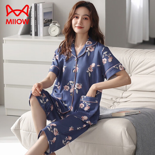 猫人（MiiOW）睡衣女夏季短袖七分裤开衫棉质翻领宽松大码休闲家居服套装可外穿 NX9871 M 女