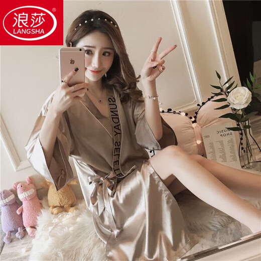 浪莎（LangSha）韩版睡衣女含仿真丝睡袍浴袍夏冰.丝性感薄开衫睡裙中长款家居服 睡袍9896#豆沙色 M [建议80--98斤]