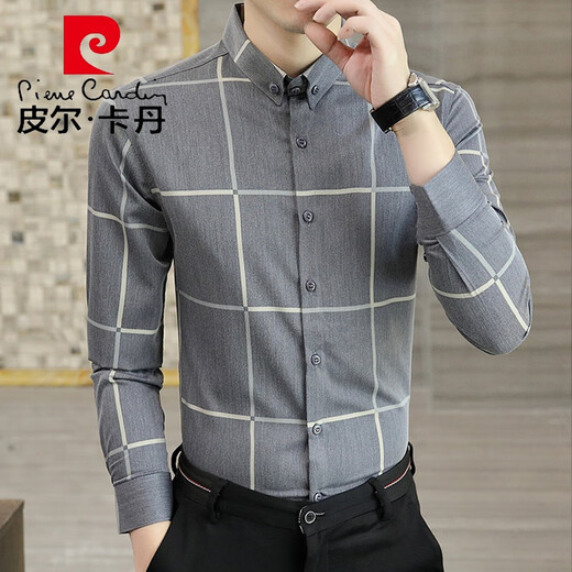 Pierre cardin spring and autumn plaid casual shirt men's long sleeve thin high-end shirt business slim fashion trendy clothes needle 9922 dark gray M (90-105Jin[Jin equals 0.5 kg])