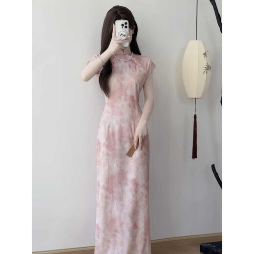 
DanZhuNa new Chinese dress women's 2025 summer new style improved national style girl cheongsam modified skirt summer 9710 pink cheongsam (no accessories) M