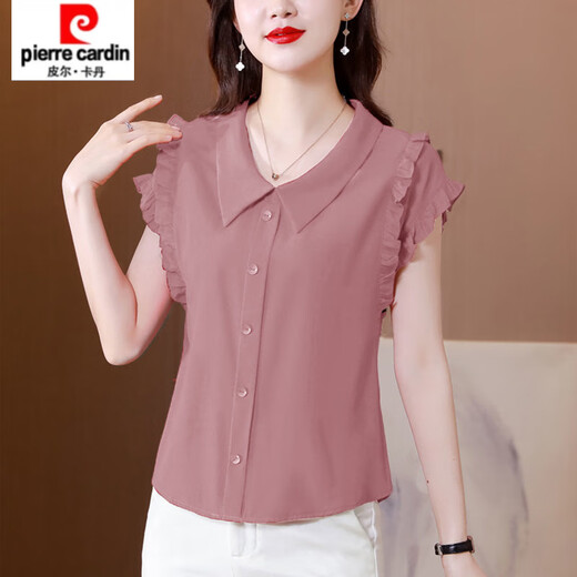 Pierre Cardin chiffon sleeveless top, stylish shirt, girl's doll collar shirt, short-sleeved, versatile chiffon belly-covering chiffon shirt, 6218 Internet celebrity haze blue M. It is recommended that 100Jin Jin is equal to within 0.5kg.