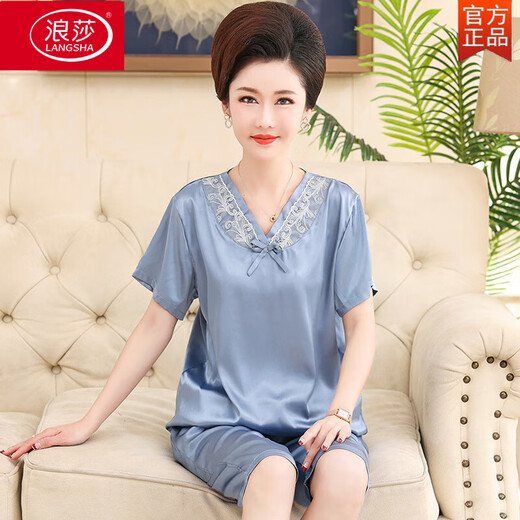 浪莎（LangSha）中年妈妈真丝薄款夏季中老年人妇女真丝绸短袖睡衣女士家居服套装 683浅粉 (七-分袖长-裤) L 【建议80-100斤】