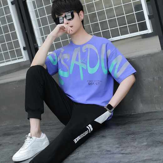 Ruibanglai Sommer Teenager Kurzärärmig T-Shirt Boy 13-15 Jahre alte Highschool-Schüler der Junior High School hübscher Sommersportanzug XSD-T9226 Weiß und Blau (Top + Hosen) S 90jin [Jin gleich 0,5 kg] unterhalb