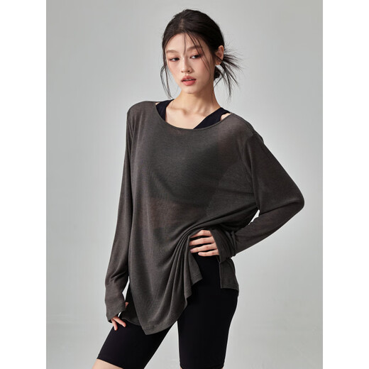 KEJIMITAO European and American ins loose thin yoga wear blouse breathable quick-drying running top round neck slimming Pilates long sleeve dark gray one size fits all (recommended 80-160Jin Jin is equal to about 0.5 kg)