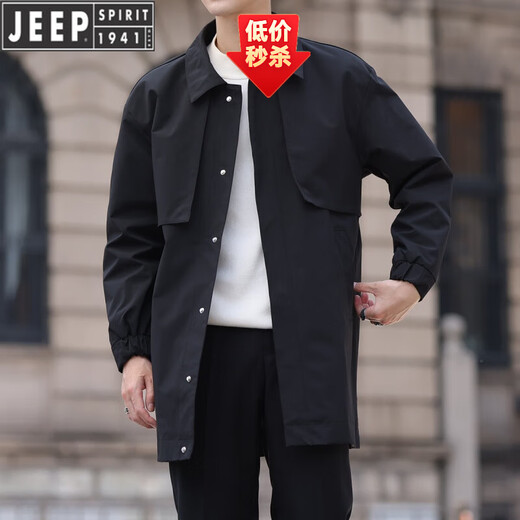 JEEP SPIRIT Jeep Lapel Windbreaker Jacket Men's Mid-Length 2025 Autumn and Winter Advanced Design Simple Versatile Casual Men's Clothing Black XL (140-160Jin Jin equals 0.5kg)
