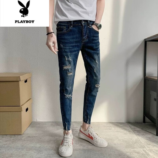 
Playboy slim style spring and summer new style 2025 Korean style trendy brand old ripped slim fit trousers stretch nine-point jeans men [A9738] 28