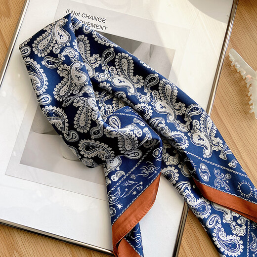 
Miao Yijia silk scarf for women, small square scarf tie neck high-end Korean scarf thin retro scarf tie summer temperament simple retro Korean navy brown edge square scarf