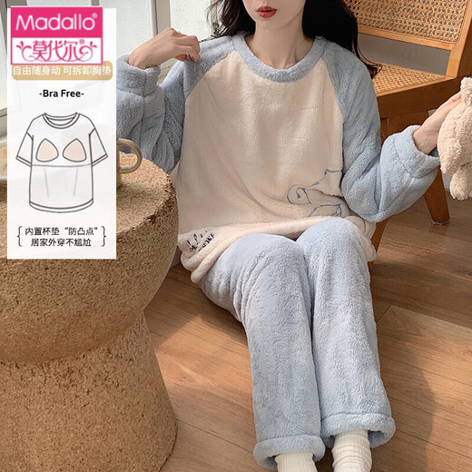 莫代尔带胸垫睡衣女士秋冬季加厚珊瑚绒2024新款可爱熊法兰绒家居服套装 1105脚印熊【带胸垫可拆卸】 XL【建议体重120-135斤】