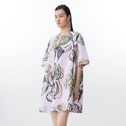 Jiangnan Buyi (JNBY) [same style in the mall] 25 summer new dress, small flower cyclamen printed mid-sleeved round neck A-shaped 5P4G15430 690/pink XS